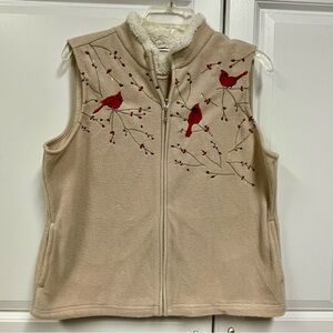 Croft & Barrow Vest Womens petite Lg Tan Fleece Embroidered Cardinals Front Zip